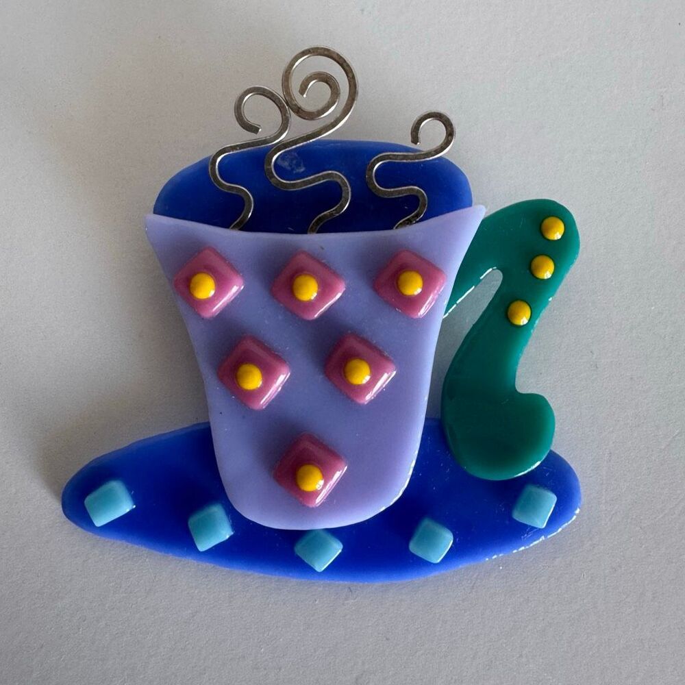 Handmade 90’s Glass Coffee Cup Brooch Modern Art Style